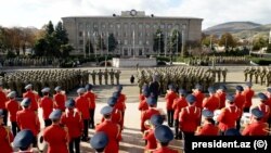 Azerbaijani soldiers parade in Xankendi (aka Stepanakert), the capital of Nagorno-Karabakh, on November 8. 