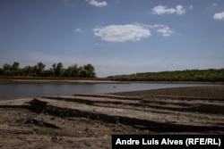 The water level is declining in a river in the Kamyanska Sich National Nature Park.