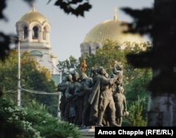 A section of the monument is seen with Sofia's iconic Alexander Nevsky Cathedral in the background on August 22.