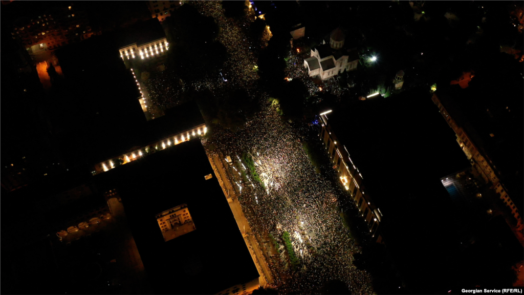 Drone footage captured by RFE/RL's Georgian Service shows the massive scale of the latest protests in Tbilisi overnight on May 1. 