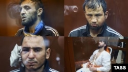 (Clockwise from top left) Dalerjon Mirzoev, Faridun Shamsiddin, Muhammadsobir Faizov, and Saidakram Rajabalizoda, showing evidence of having been beaten, attend a remand hearing at the Basmanny District Court on March 24.