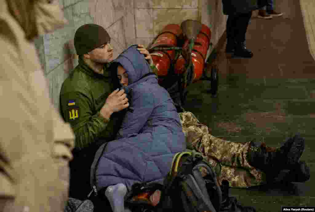As air-raid sirens sounded across the capital, civilians sought shelter in Kyiv's subway stations.