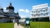 Ukrainian Catholic University welcomes visitors with traditional and techno aesthetics, as well as posters decrying communism as Russian imperialism. 