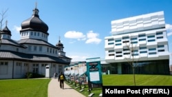 Ukrainian Catholic University welcomes visitors with traditional and techno aesthetics, as well as posters decrying communism as Russian imperialism. 
