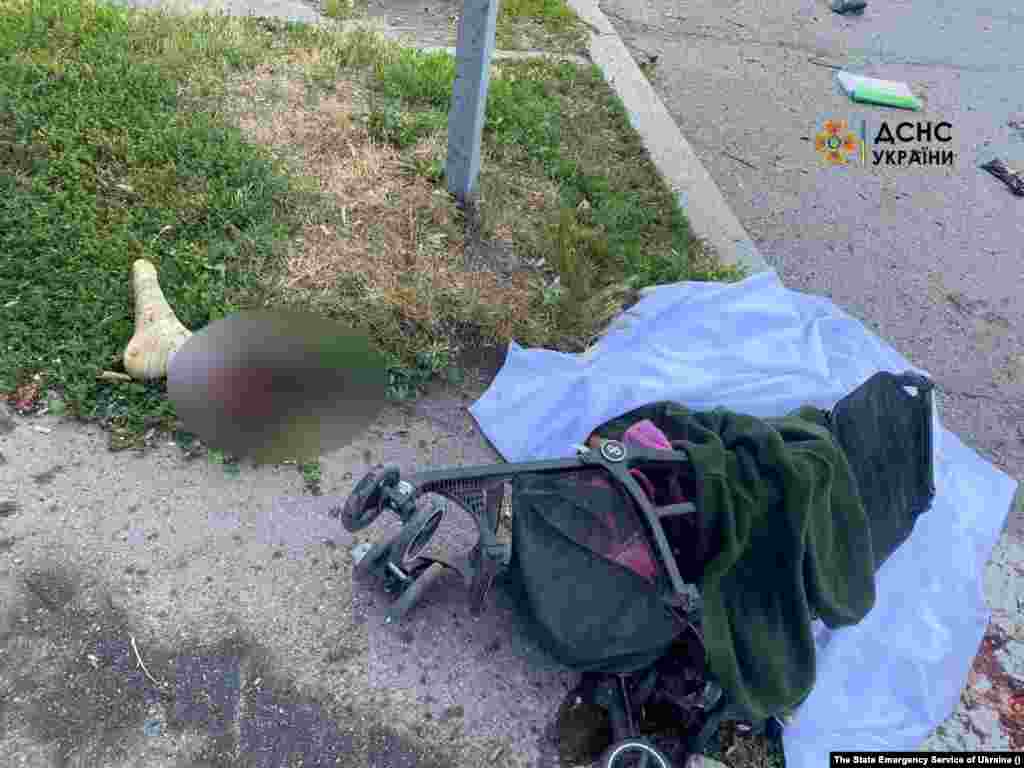 Her mother, Iryna, lost a leg in the strike and is currently in a coma. This graphic image, provided by Ukrainian emergency services, documents the horrific injury. 