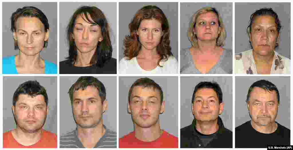 The 10 Russian who were released by the United States in the July 9, 2010, spy swap had been arrested by the FBI on June 27 and charged with acting as unregistered foreign agents. From top left: Lydia Guryev; Natalia Pereverzeva; Anna Chapman; Elena Vavilova; and Vicky Pelaez. From bottom left: Vladimir Guryev; Mikhail Kutsik; Mikhail Semenko; Andrei Bezrukov; and Mikhail Vasenkov.&nbsp;All of them pleaded guilty to conspiring to act as unregistered agents of a foreign country.