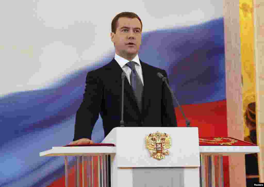 Dmitry Medvedev is sworn in as Russian president in the Kremlin throne room on May 7, 2008. The following day, Medvedev appointed Putin prime minister, as he had promised to do during the election campaign. The pair were sometimes referred to in the press as a "ruling tandem." 