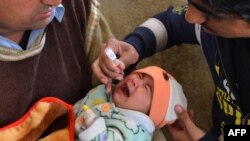 A polio-eradication worker gives vaccine drops to a young girl in Peshawar. (file photo)