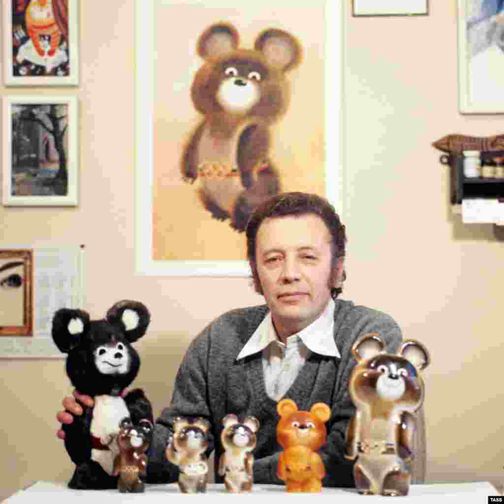 The Moscow Olympics’ mascot was Misha the bear, pictured here with his creator, children’s book illustrator Victor Chizhikov. 