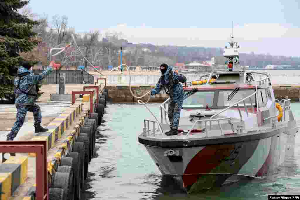 A Ukrainian patrol boat moors in the port of Mariupol just two weeks before the February 24 Russian invasion. 