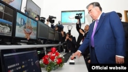 Tajikistan's authoritarian President Emomali Rahmon inaugurates two new TV channels -- Varzish and Cinama -- in Dushanbe in March.