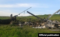 The wreckage of what Karabakh Armenian forces described as an Azerbaijani military helicopter shot down on April 2.
