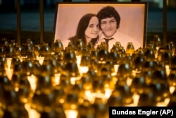 A makeshift memorial to Jan Kuciak and his girlfriend, Martina Kusnirova, in Bratislava