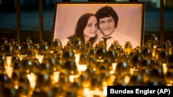 A memorial to journalist Jan Kuciak and his fiancee, Martina Kusnirova