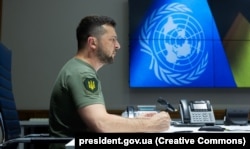 Президент України Володимир Зеленський під час виступу на засіданні Ради безпеки ООН через відеозв’язок. Київ, 24 серпня 2022 року