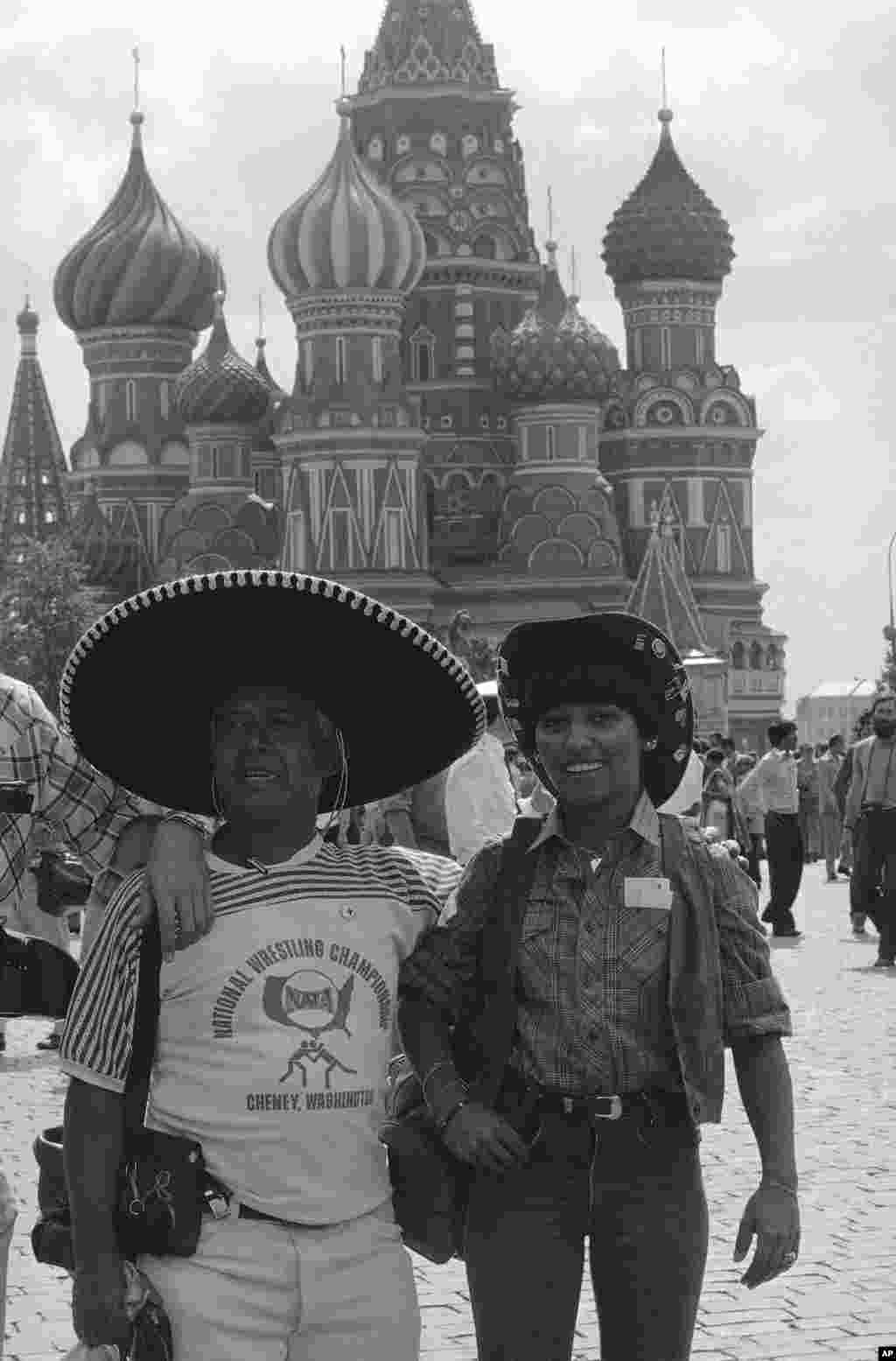 New Yorkers Maxim and Frida Sira in front of St. Basil’s Cathedral in central Moscow. The pair had traveled to the Soviet Union for the games. 