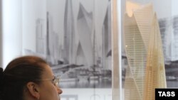 The project for St. Petersburg's Okhta Center on display at the Arch-Moscow international exhibition of architecture and design at the Central House of Artists in Moscow.