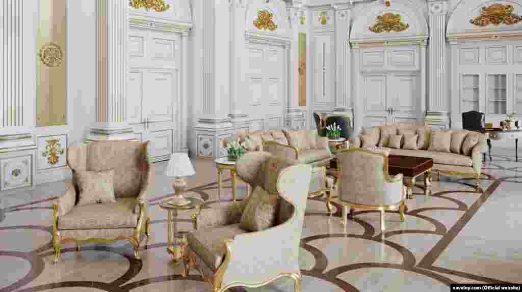 The rendering of this interior is based on photographs taken inside the residence by workers during its construction. 