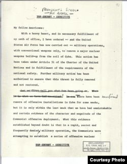 The first page of a speech President John F. Kennedy had prepared in the event of a U.S. attack on Soviet installations in Cuba
