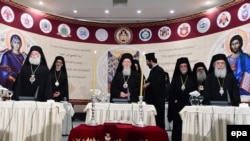 Patriarch Bartholomew I (center) and the heads of other Orthodox churches participate in the Holy and Great Council of Orthodox Churches on Crete on June 20. 