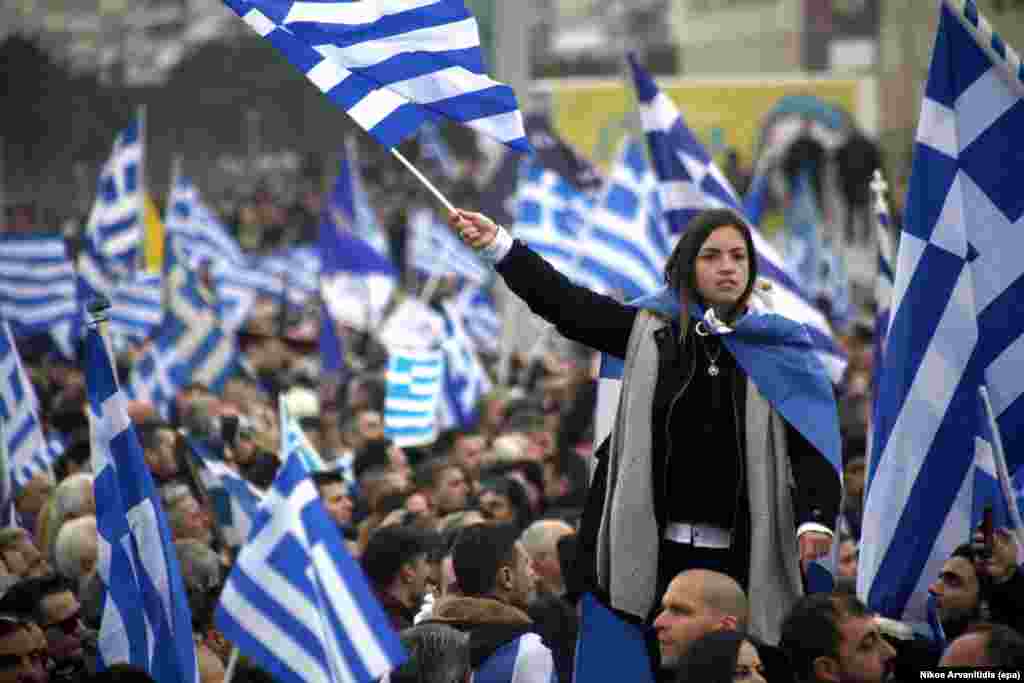 Protesters at the January 21 rally in Thessaloniki. Many hard-liners in Greece insist that whatever name is agreed for the former Yugoslav republic, the title must not include the term "Macedonia." Others, including Greek Prime Minister Alex Tsipras, have indicated they would accept "Macedonia" to be included in a compound name.