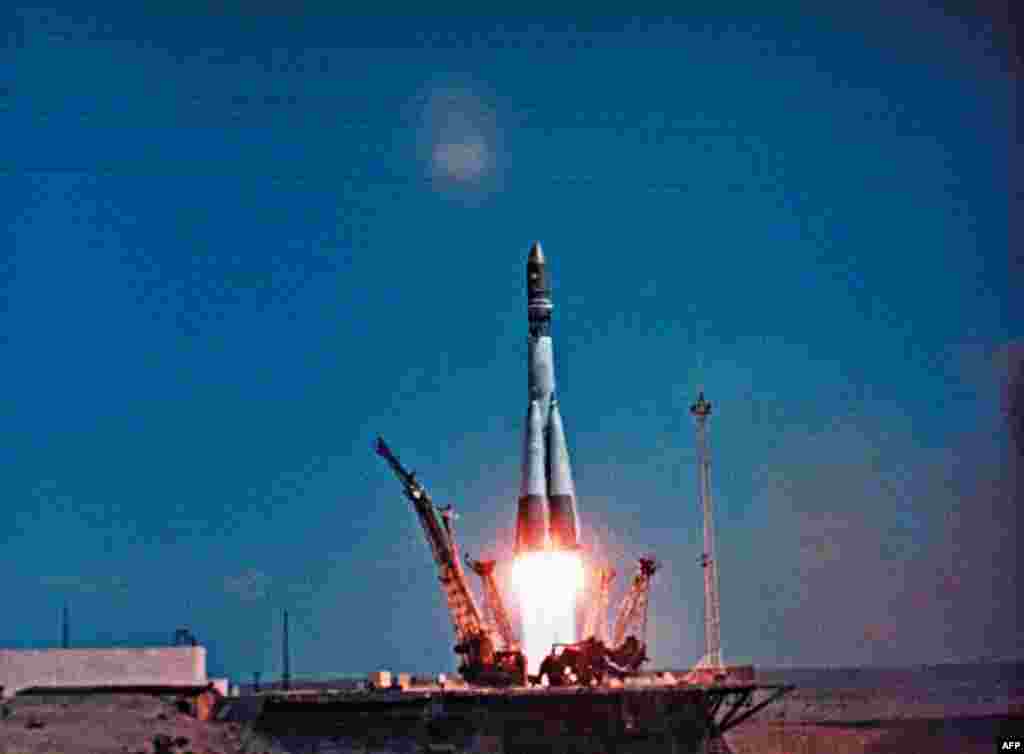Vostok 1 with Gagarin on board blasts off on April 12, 1961.
