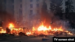 The House Of Trade Unions burns in Odesa on May 2, with many pro-Russian protesters inside.
