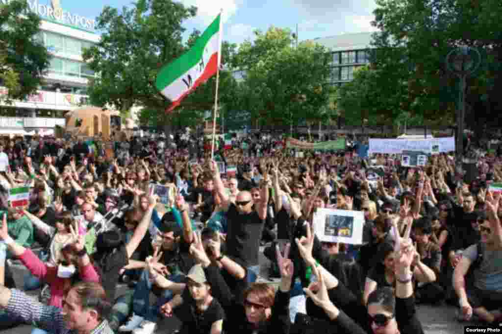 A street protest organized by the Network of Young Iranians in Berlin during the summer of 2009, in solidarity with the protests that broke out inside Iran after the disputed June election of Iranian President Mahmud Ahmadinejad.