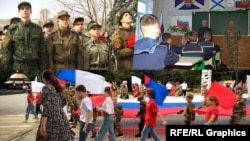 A collage of images involving the militarization of Ukrainian children in Russian-occupied territories in Ukraine.