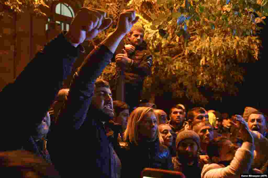 Angry crowds on Republic Square in the Armenian capital chanted "Karabakh" in the early hours of the morning before storming government buildings. 
