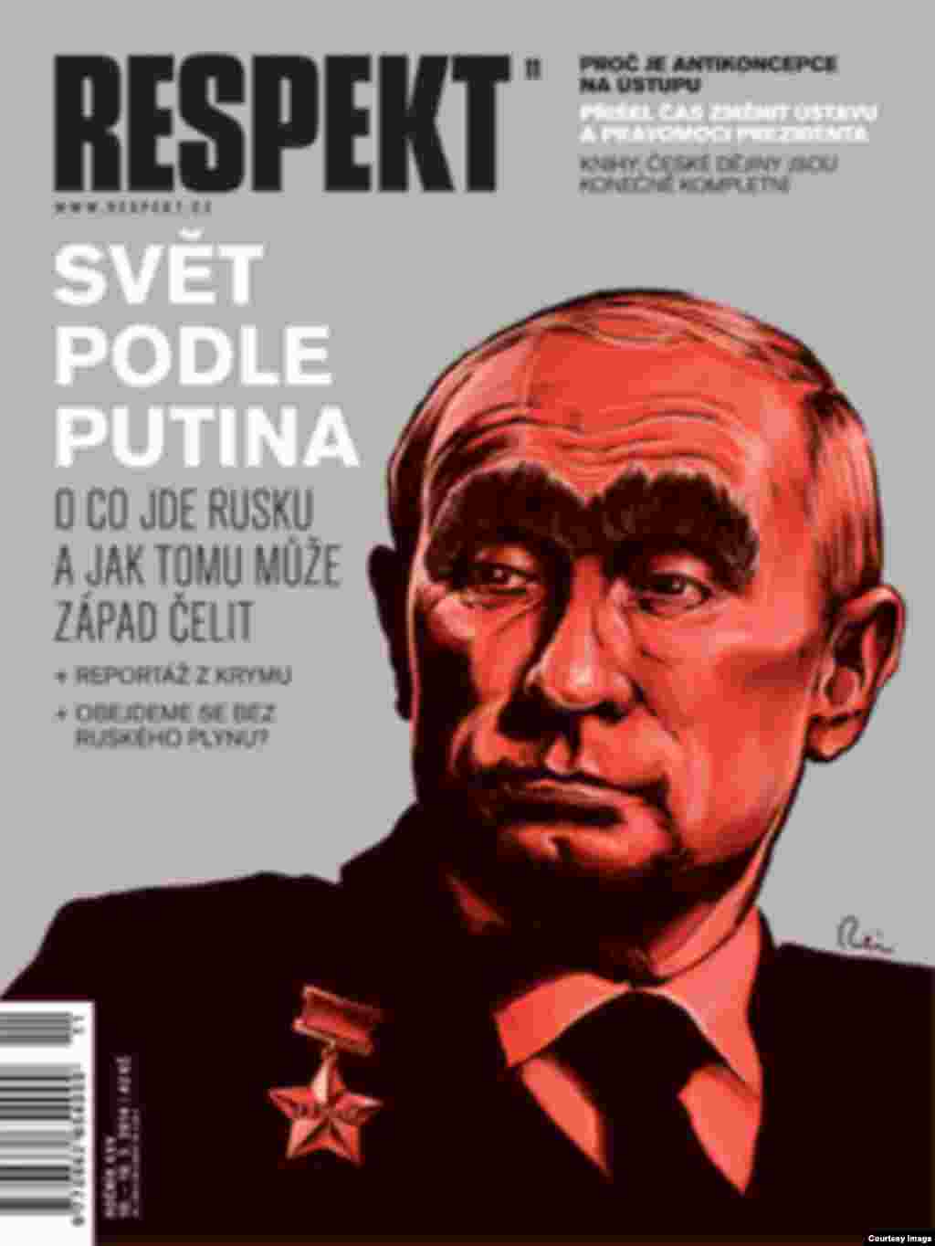 Czech weekly "Respekt" gives Putin the unmistakable eyebrows of an earlier Kremlin leader, Leonid Brezhnev, on its cover page headlined: "The World According To Putin."