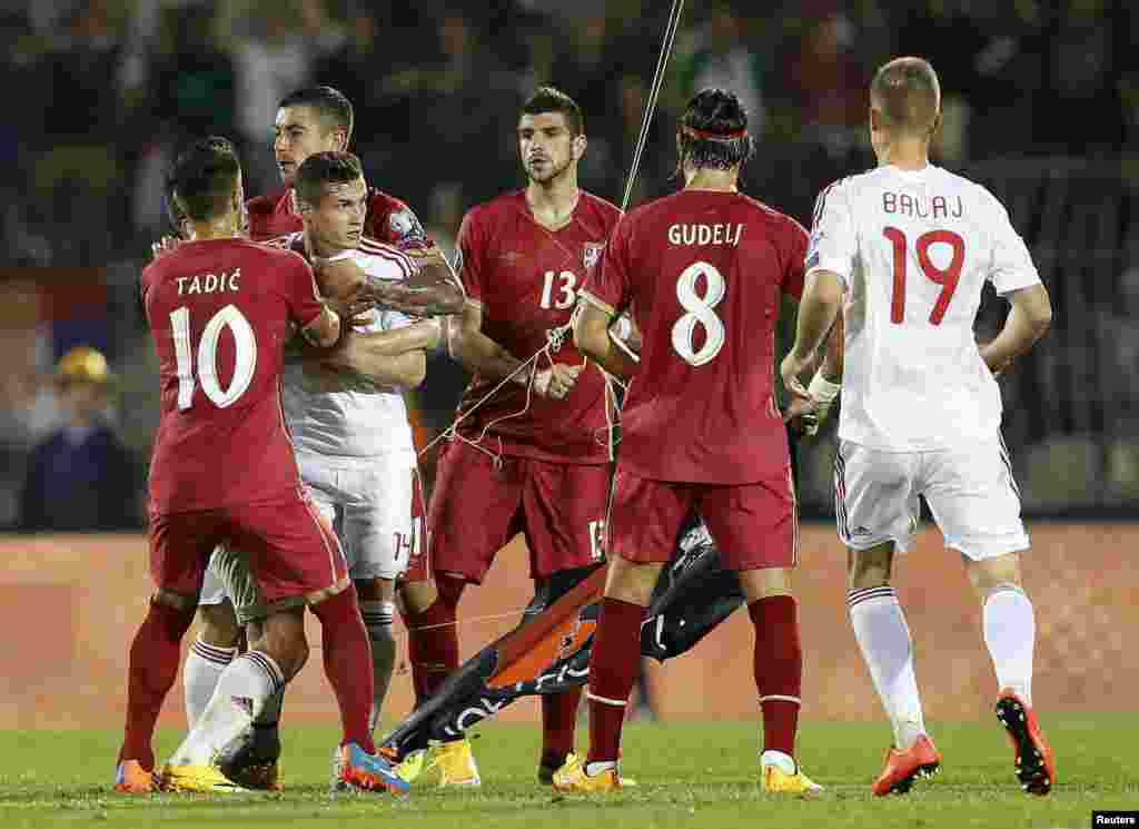 Mitrovic was immediately confronted by Albanian players, one of whom pulled the flag away, as scuffles broke out and players, team officials, and fans stormed out onto the field.