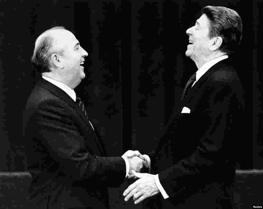 March 1985: Mikhail Gorbachev, here greeting U.S. President Ronald Reagan, becomes general secretary of the Communist Party of the Soviet Union. The new leader promises a more open and democratic Soviet future. Such statements have been heard before and few expect change, but this time it’s for real. 