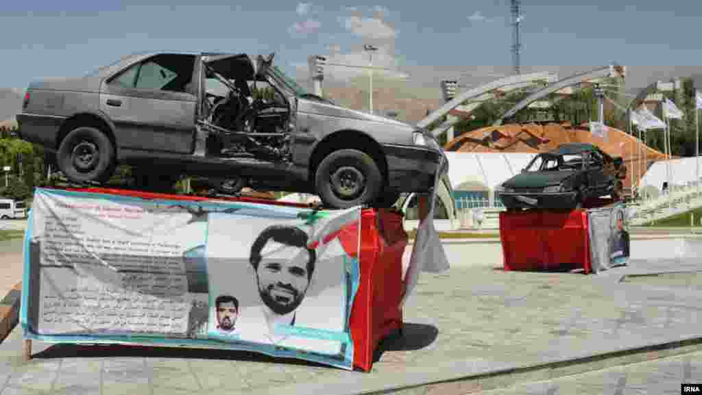The Peugot 405 that Roshan was driving when he was killed in January 2012, on display in Tehran. According to witnesses, one of two riders on a motorcycle stuck a magnetic bomb to the door of Roshan’s car and then disappeared into traffic before the explosive detonated. The blast also killed Roshan’s driver. 
