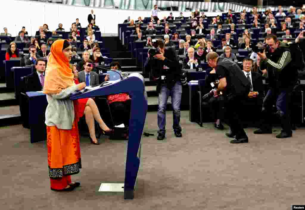 Yousafzai addresses the European Parliament after she received the 2013 Sakharov Prize for Freedom of Thought at an award ceremony in Strasbourg, France, on November 20, 2013.