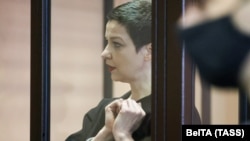 Maryya Kalesnikava attends a court hearing in Minsk on September 6, 2021.