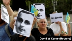 Demonstrators attend a protest rally demanding the release of Ukrainian film director Oleh Sentsov in front of the Russian Embassy in Prague in August.