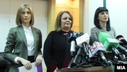 Special Public Prosecution office prosecutors Katica Janeva (left to right), Lence Ristevska, and Fatime Fetai hold a press conference.
