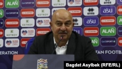 Kazakh national soccer team coach Stanislav Cherchesov at a press conference after the Kazakhstan-Slovenia game on October 13.