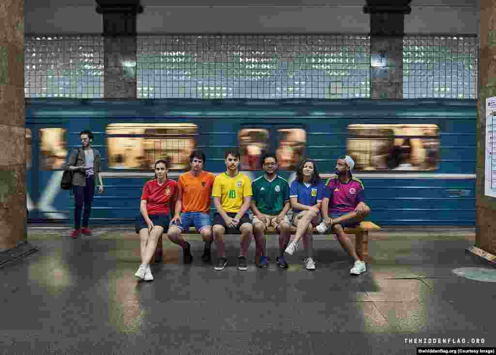 Six gay rights activists from (left to right) Spain, The Netherlands, Brazil, Mexico, Argentina, and Colombia, have taken to the streets of Russia to display the rainbow flag while the World Cup is under way. &nbsp; &nbsp; &nbsp;