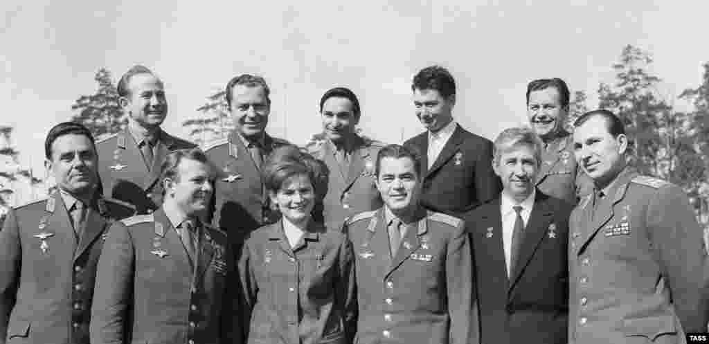 Soviet cosmonauts (left to right): Vladimir Komarov, Aleksei Leonov, Yury Gagarin, German Titov, Valentina Tereshkova, Valery Bykovsky, Andrian Nikolayev, Boris Yegorov, Konstantin Feoktistov, Pavel Popovich, and Pavel Belyayev