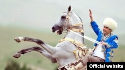 Turkmen President Gurbanguly Berdymukhammedov on an Akhal-teke horse 