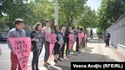 Serbian activists protesting against the alleged abuse of gay men in Chechnya in front of the Russian embassy in Belgrade 