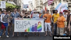 Protesters march against the Russian government during the Pride Parade in Manhattan in June 2013.