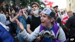 A demonstrator argues with police officers during an opposition protest against the "foreign agent" law outside the parliament building in Tbilisi on May 28. 
