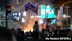 Pro-EU protesters gather on Tbilisi's Chavchavadze Avenue early on December 3.