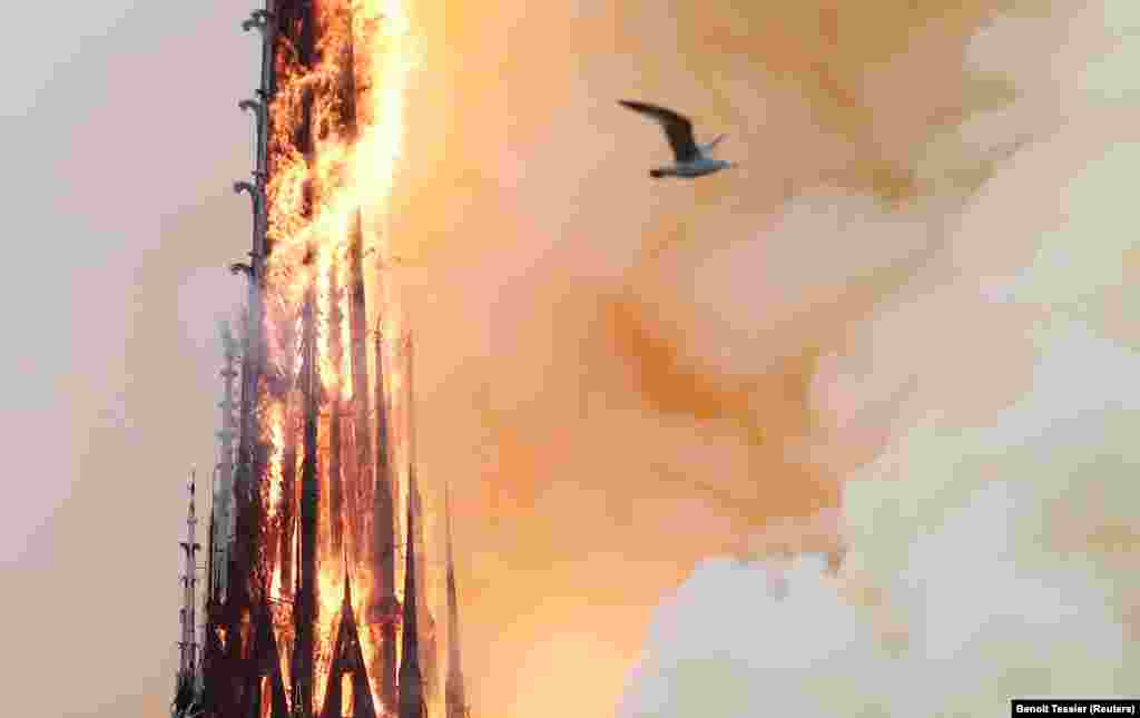 A view of the spire before it collapsed in the blaze on April 15, 2019. The spire was built during a restoration of the cathedral in the 19th century.