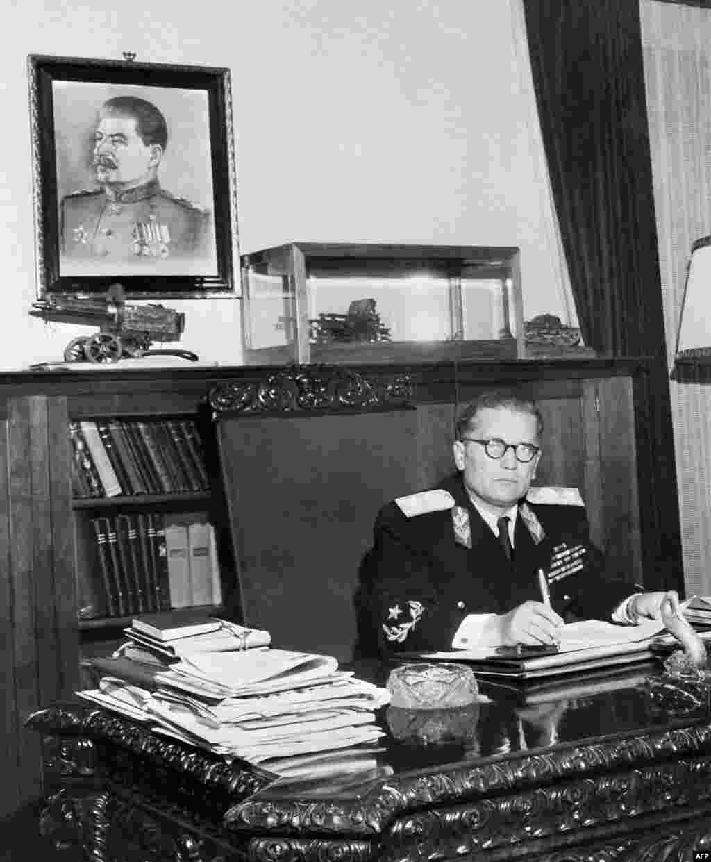 Yugoslavia’s new leader, Josip Broz Tito, at his desk in 1947. The authoritarian ruler initially followed the political lead of Josef Stalin’s U.S.S.R., but the two communists soon became bitter enemies. After Stalin sent assassins to Yugoslavia, Tito wrote in a letter: “Stop sending people to kill me. We've already captured five of them, one of them with a bomb and another with a rifle.… If you don't stop sending killers, I'll send one to Moscow, and I won't have to send a second.” 