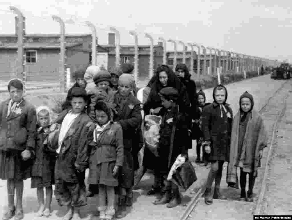 Сол жактагы сүрөт 1944-жылы тартылган. Анда аялдар балдары менен бирге газ камерасына баратышат. Арткы фондо жыгачтан жасалган Биркенау лагеринин үйлөрү көрүнүп турат. Биркенау - Освенцимдеги кошумча курулган лагерь. Согуштан кийин анын имараттары урап, кыштан жасалган дубалдар жана морлор гана калган.&nbsp; &nbsp;