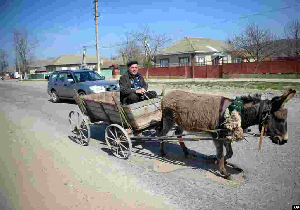 A man rides a donkey cart in the village of Comgaz.